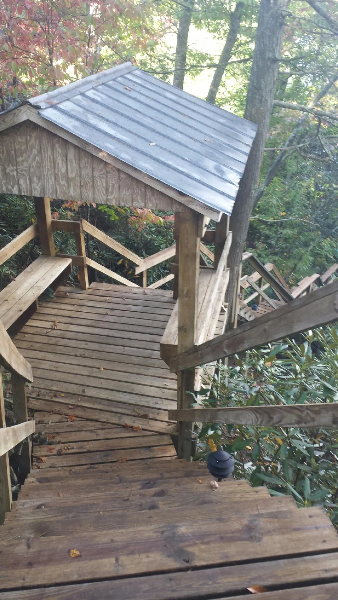 Metal roofed shelter over wooden steps on a wooded walkway — Skylight Repair & Installation work by our crew in Rio Rancho